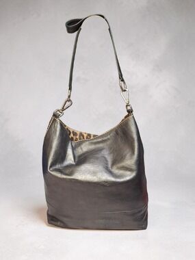 Plinio Visona Gunmetal Metallic Gray Leather Hobo Bag with Leopard Interior